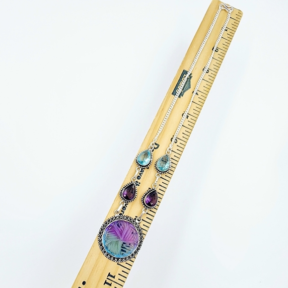 Carved Floral Bi-Color Tourmaline Amethyst Blue Topaz Necklace Hand Crafted - Picture 5 of 6